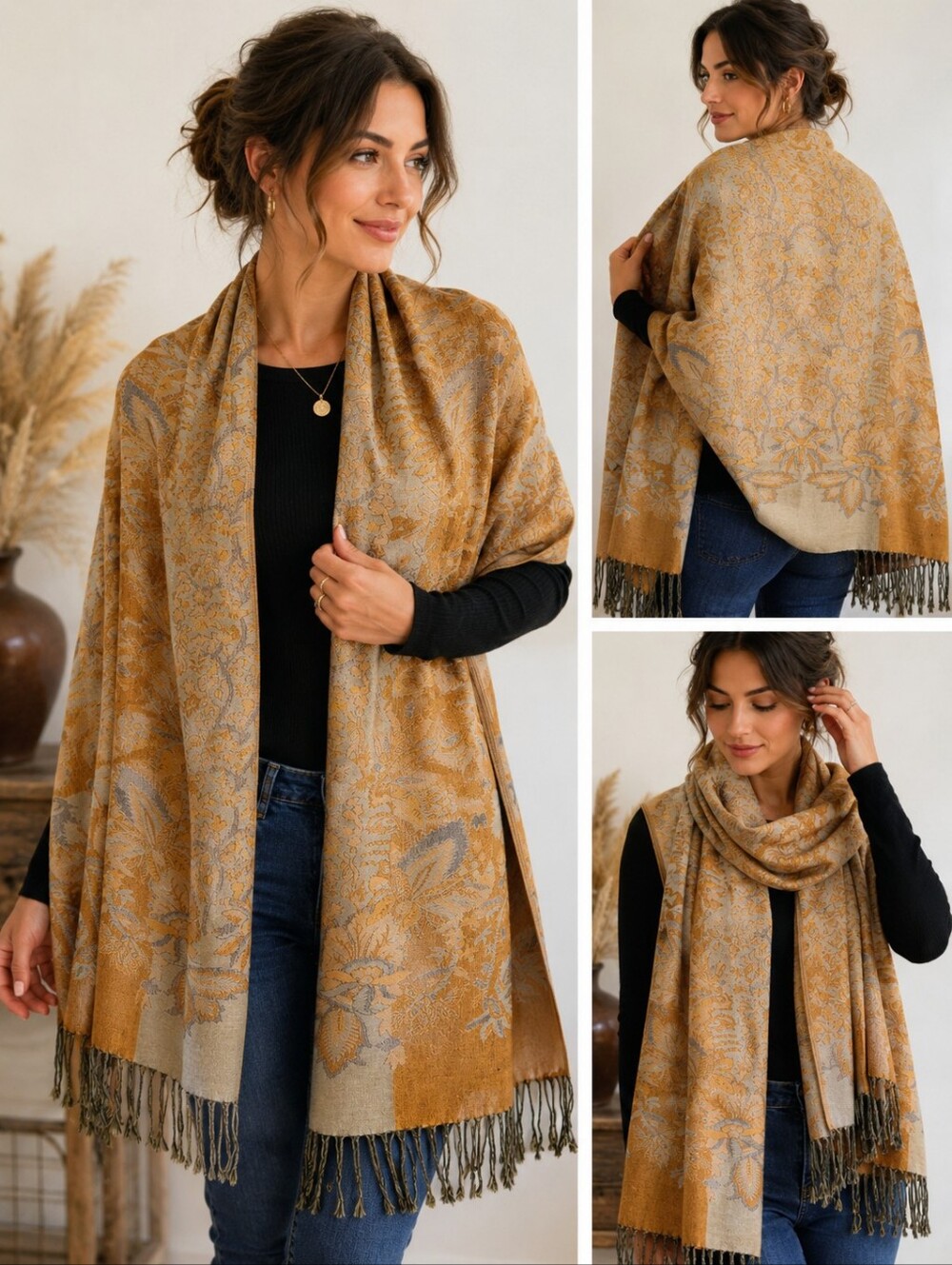 Reversible Ochre Floral Woven Shawl Scarf Fringe Wrap